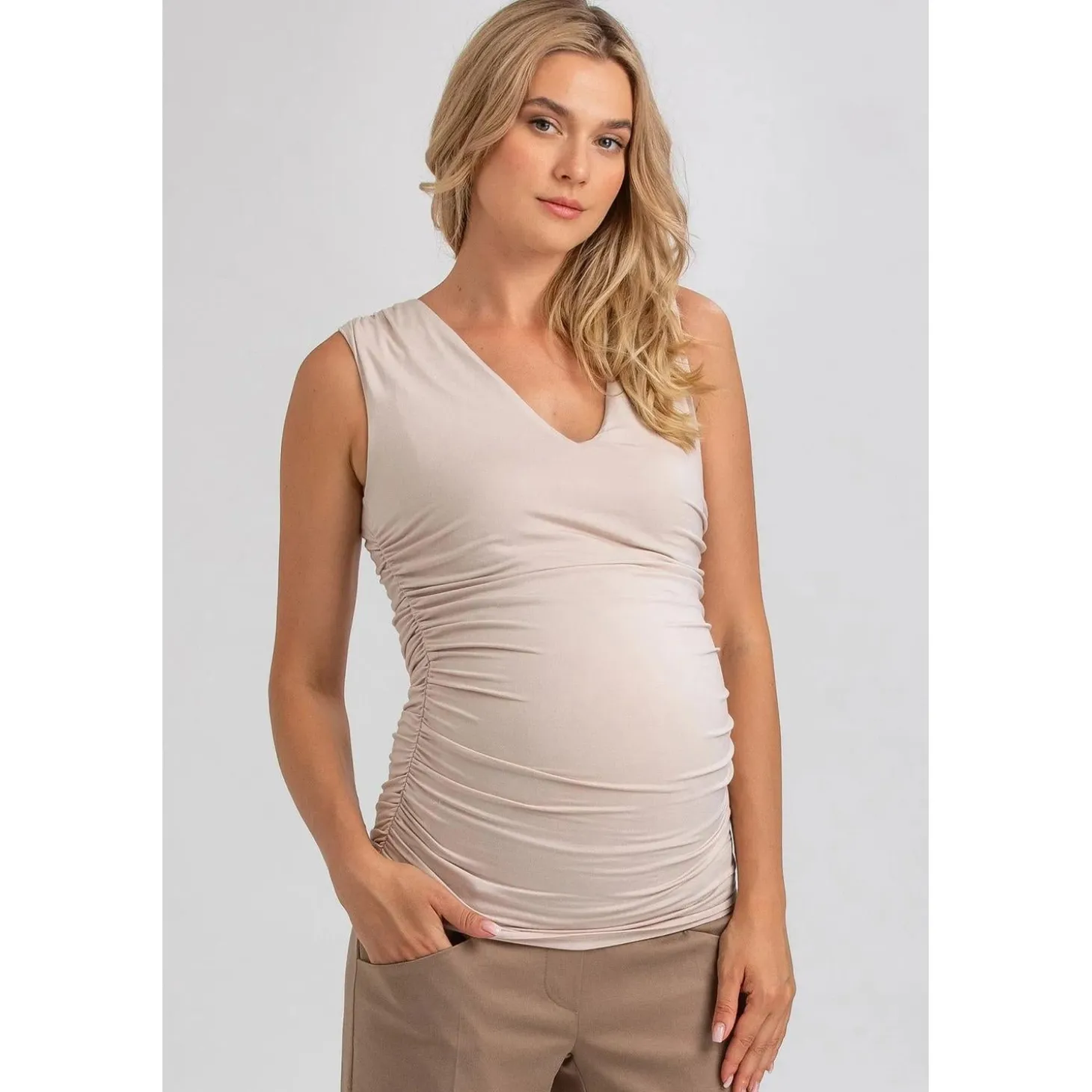 Maglia Premaman Beige Smanicata in Morbido Bambù