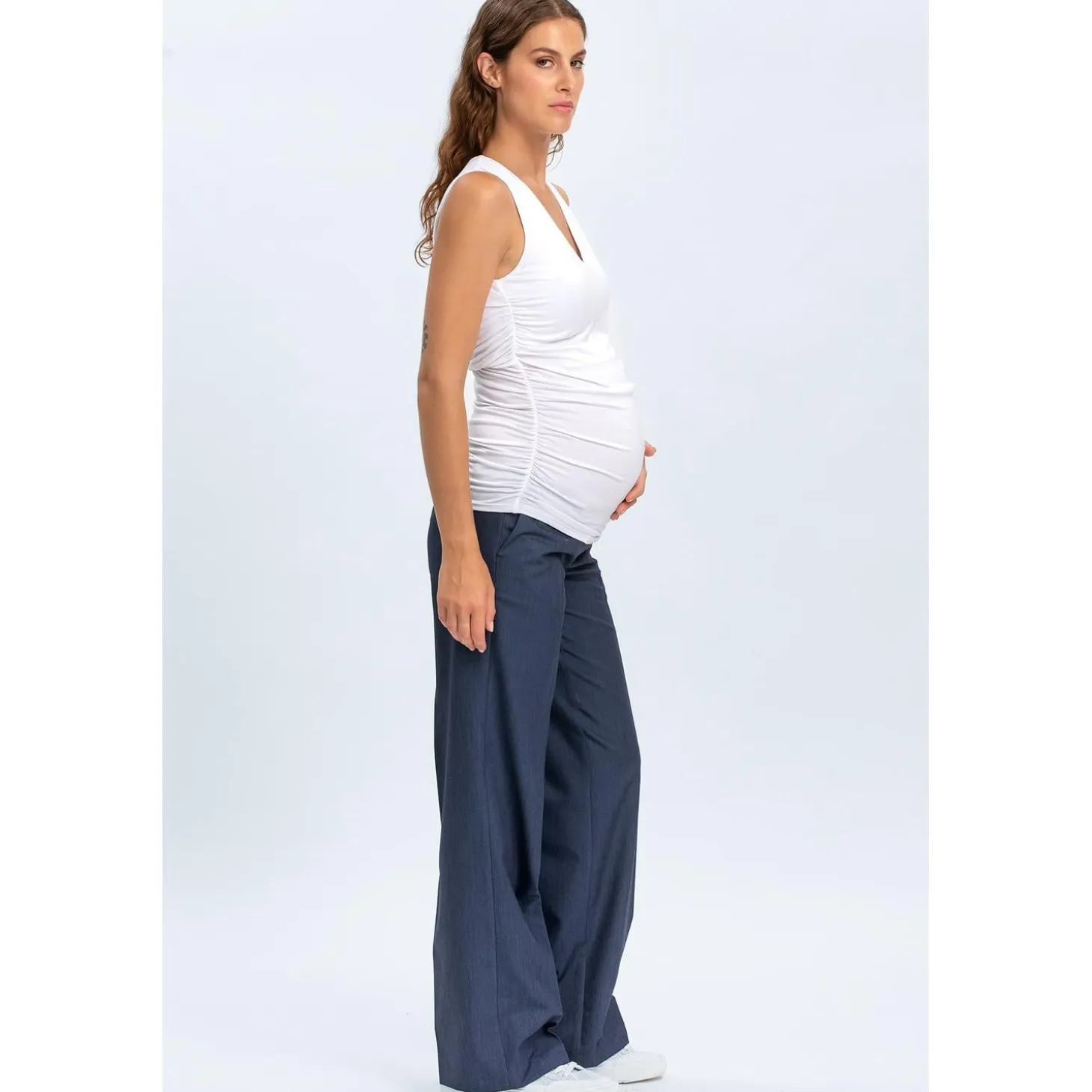 Pantaloni Premaman Denim Blu a Gamba Larga