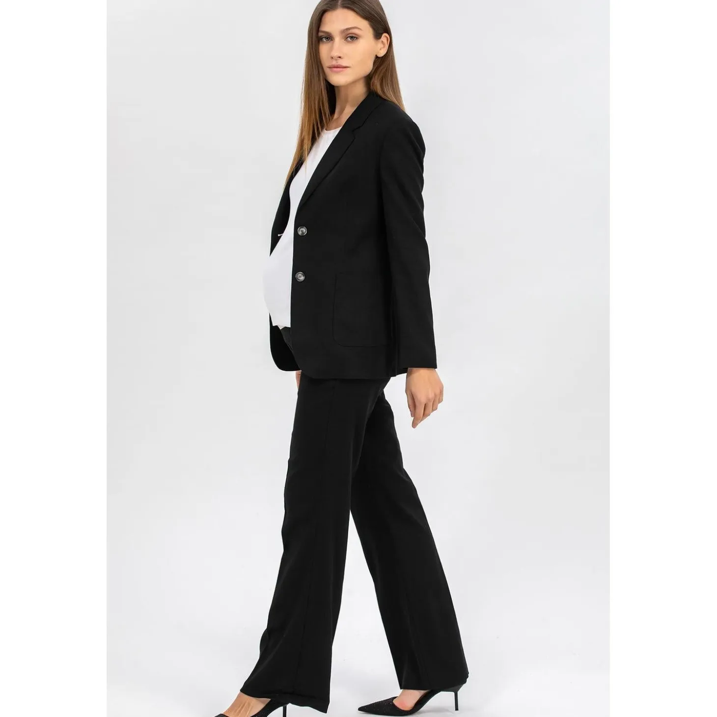 Pantaloni Premaman in Lino Nero a Gamba Leggermente Svasata
