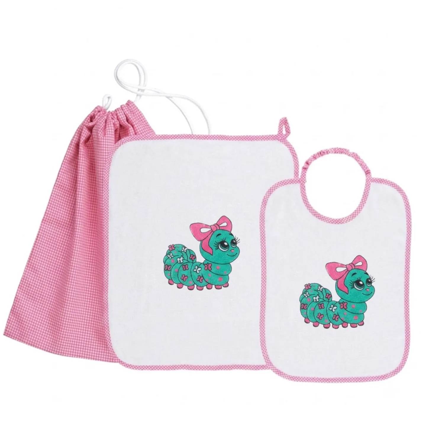 Set Asilo Bimba 3pz Asciugamano Sacchetta Bavaglino
