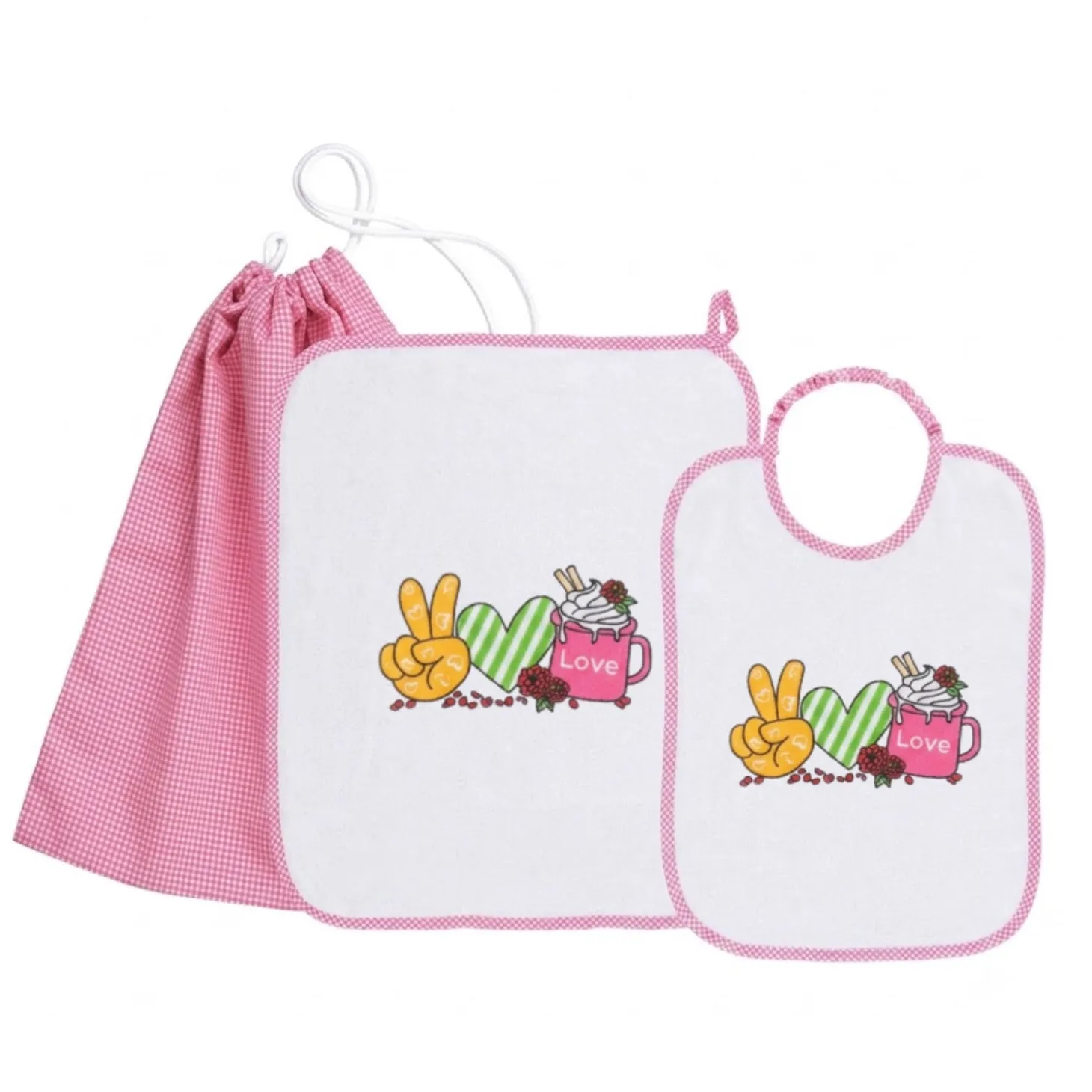 Set Asilo Bimba 3pz Asciugamano Sacchetta Bavaglino