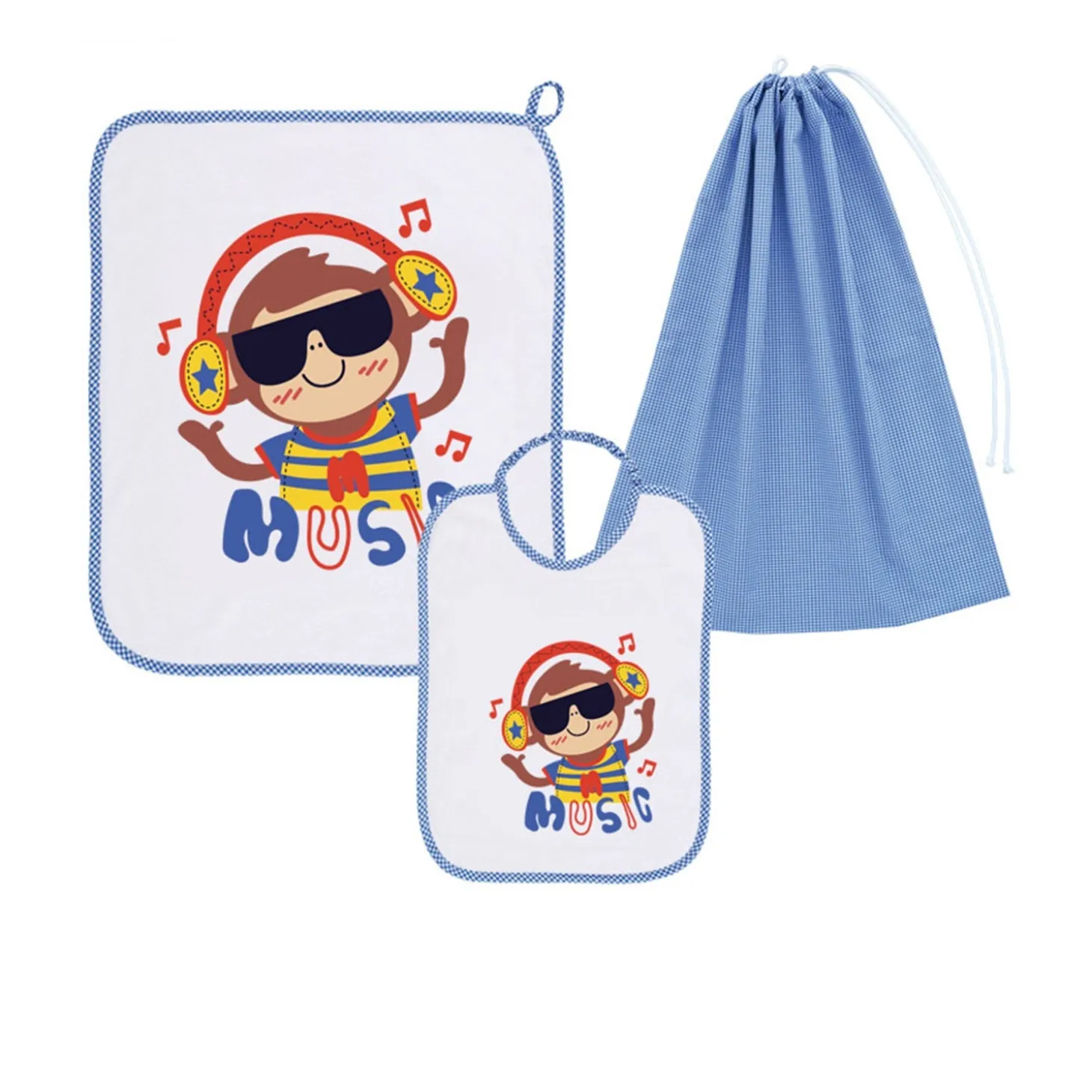 Set Asilo Bimbo 3pz Asciugamano Sacchetta Bavaglino