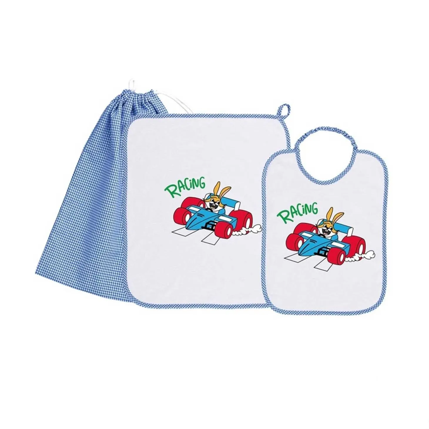 Set Asilo Bimbo 3pz Asciugamano Sacchetta Bavaglino