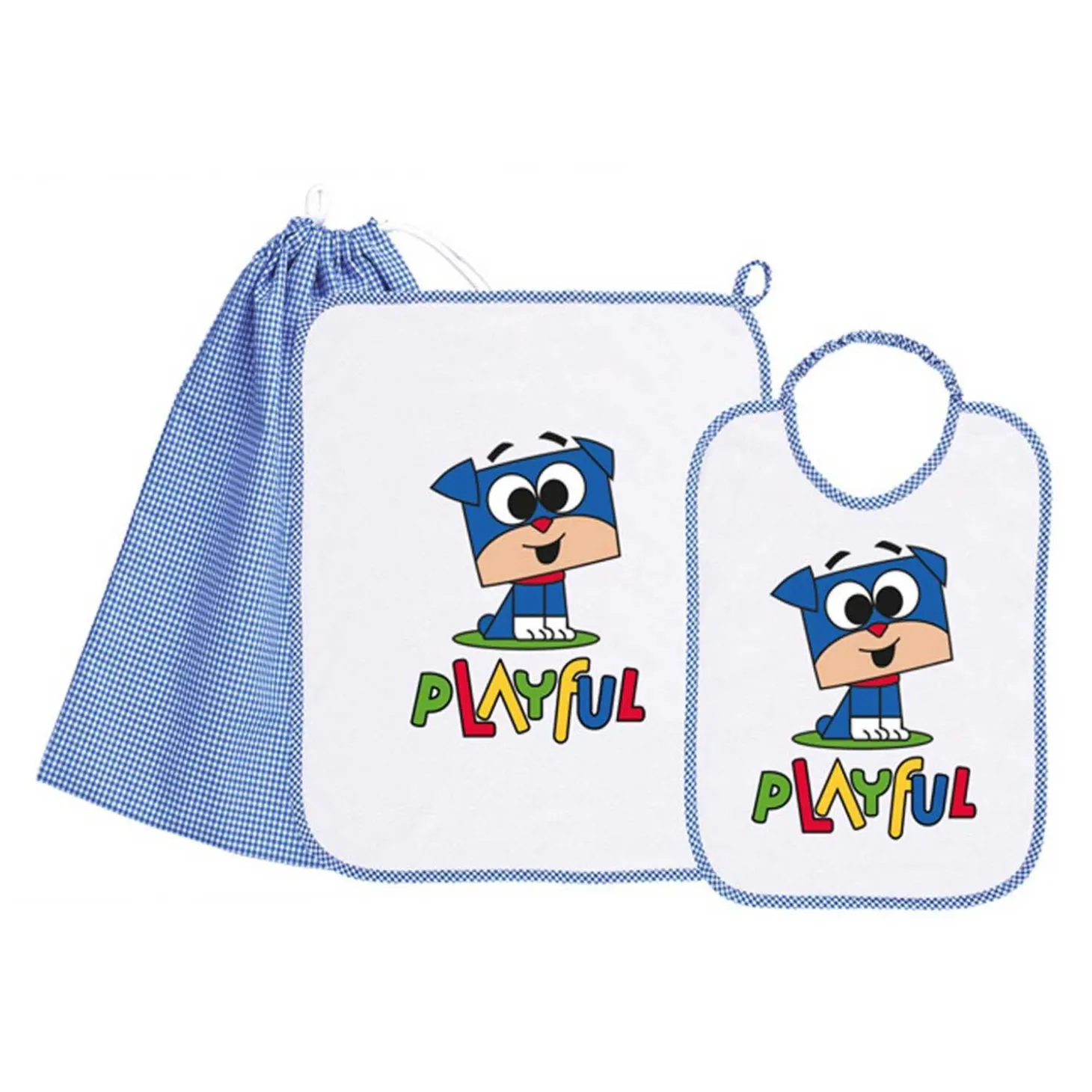 Set Asilo Bimbo 3pz Asciugamano Sacchetta Bavaglino